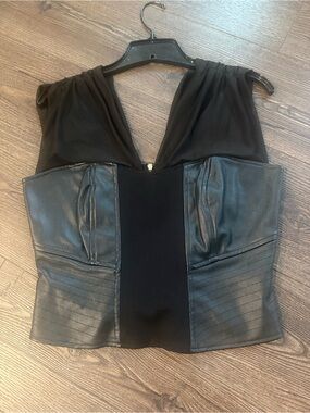 Bebe Black Faux Leather Bustier Top with Sheer Mesh Straps M